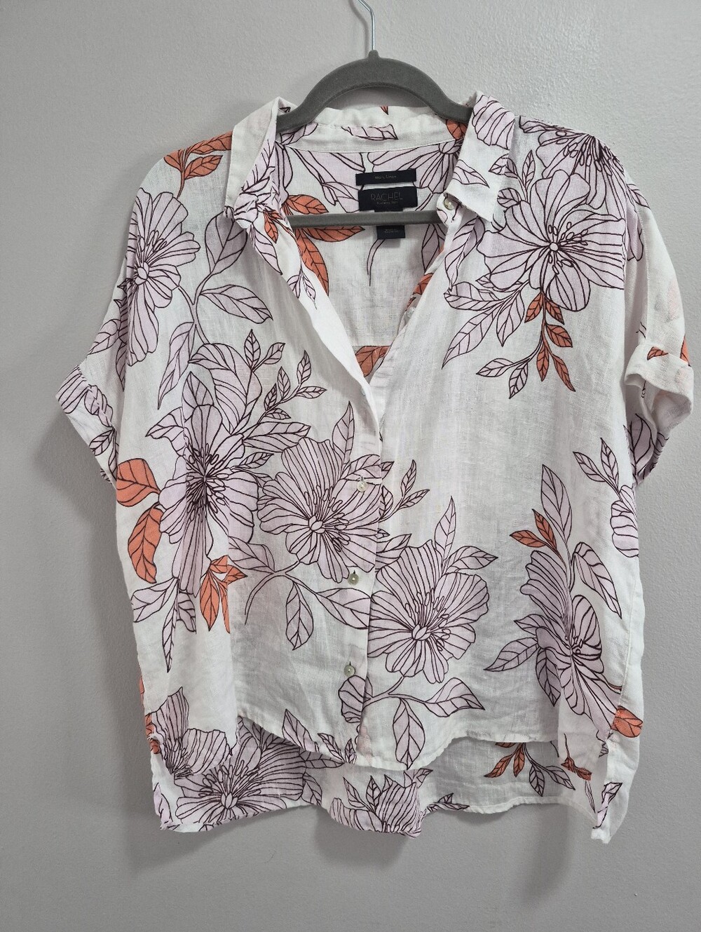 Rachel Roy Floral 100% Linen Cropped Button Up Size Medium